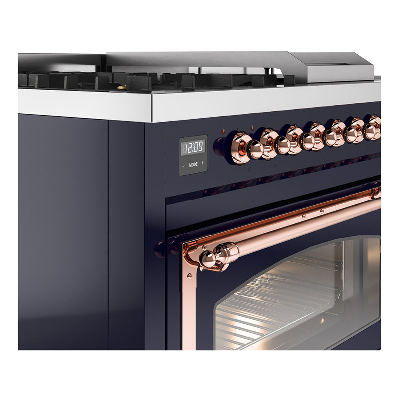 ILVE Nostalgie II Series Noblesse 48 inch Dual Fuel Range 5 Sealed Burners, Griddle, Frenchtop (Glass Door), Midnight Blue