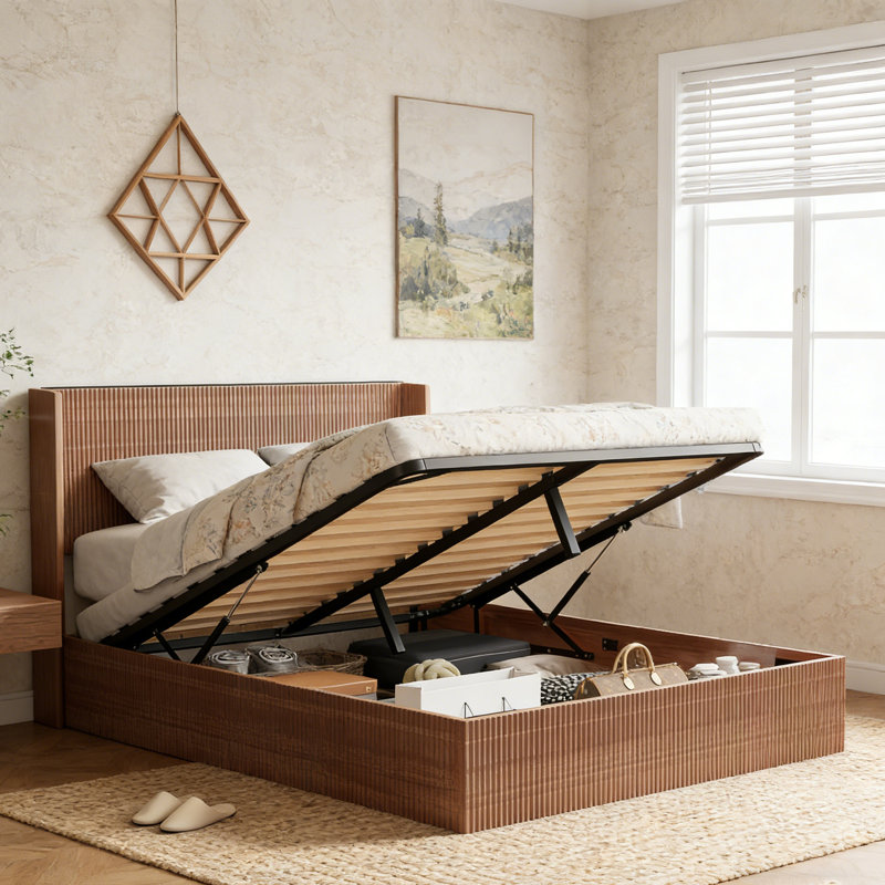 Structure de lit avec rangement à plateforme en bois naturel rustique brun ondulé, sans sommier, sans bruit, King