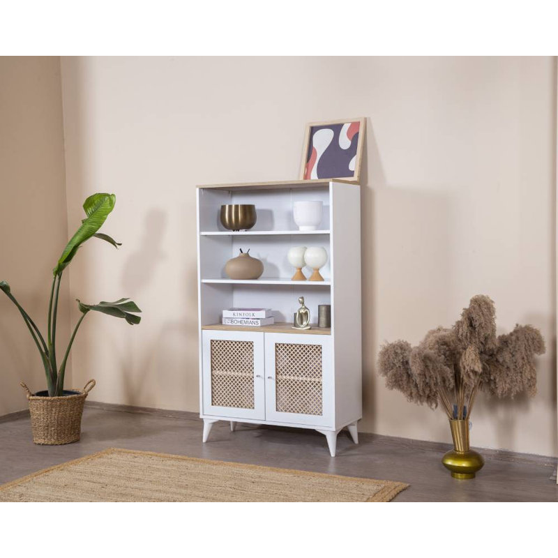 Modern Scandinavian Bookshelf with Soft-Close Doors, White & Oak, 35.4 x 62.2 x 16.1 inches | 100% MDF Body & Door Frame, 100% Pine Wood Door Decor | Wall-Mountable, Numerous Shelves for Stylish Storage