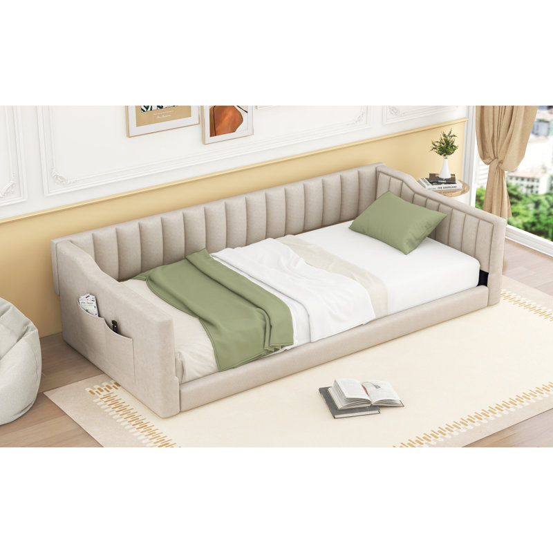 Twin XL Size Upholstery Daybed And Side Storage Pocket,Beige