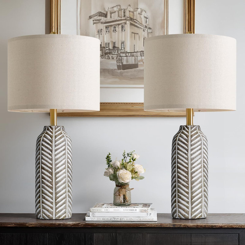 Ensemble de lampes de table de style campagnard de 26 po avec abat-jour en lin, base en résine rustique pour chambre à coucher, salon, table de chevet, entrée et chambre de bébé
