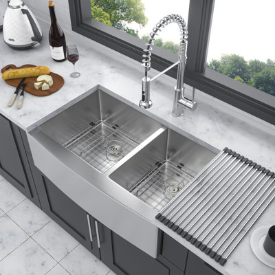 Gunmetal Black Double Bowl (60/40) Farmhouse Sink- 33""X21""X10""Stainless Steel Apron Front Kitchen Sink 16 Gauge With Two 10"" Deep Basin -  Tryimagine, YYCPuu-W1243122100