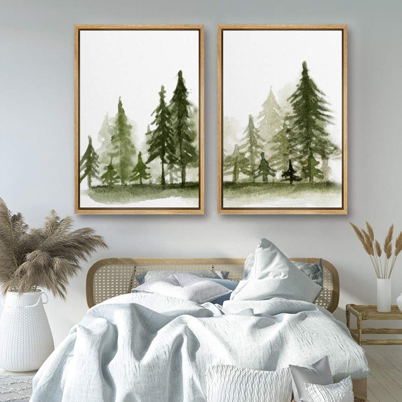 Aquarelle, pin vert foncé, forêt, nature - ensemble de 2 reproductions sur toile flottante, Naturel, H 24 po x l 16 po