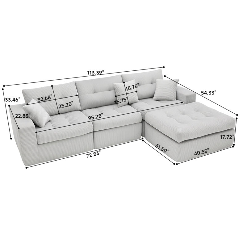 Canapé-lit en coin avec méridienne à compression Corduroy, canapé modulaire en forme de L avec éponge à haute densité, canapé convertible sans assemblage requis pour le salon, appartement, chambre d'amis