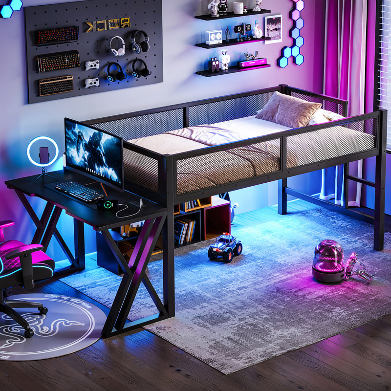 Lit mezzanine de jeu double XL avec bureau, lumières DEL et ports USB