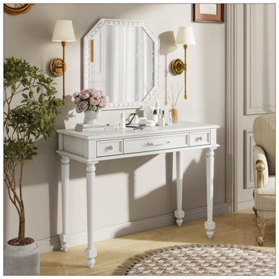 Retro Makeup Desk With Large Mirror, 3-Drawer Dressing Table For Jewelry Storage, Elegant Console Table For Bedroom, Living Room, Hallway & Foyer,White