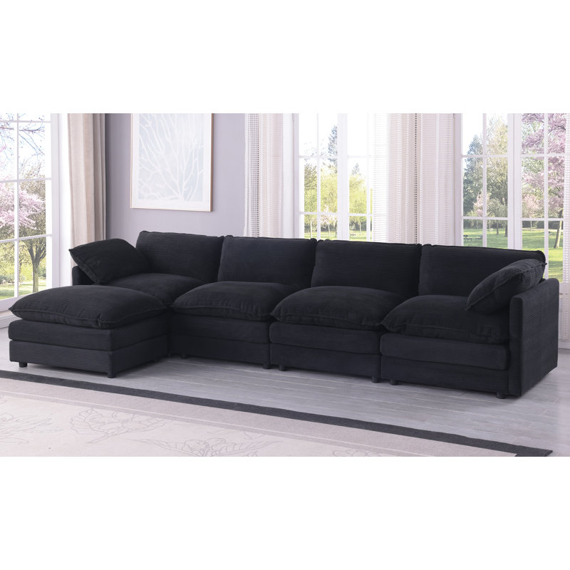 142” W Oversized 6-seater Composable Modular Sofa With 2 Ottomans, Black Corduroy