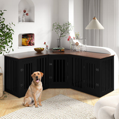 Large Dog Crate Furniture For 3 Dogs, Corner Dog Crate With Lockable Doors, Wooden Dog Kennel Furniture For Small Medium Large Dogs