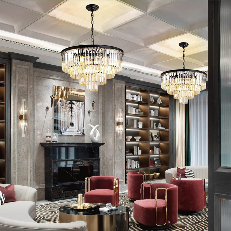 Lustre moderne en cristal noir avec conception à 4 niveaux, éclairage à intensité variable et chaîne réglable pour la salle à manger, le salon, la chambre à coucher et le vestibule