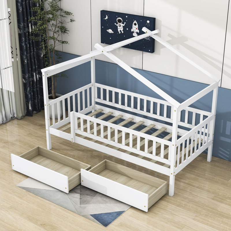 Lit maison 2 tiroirs, Simple, Blanc