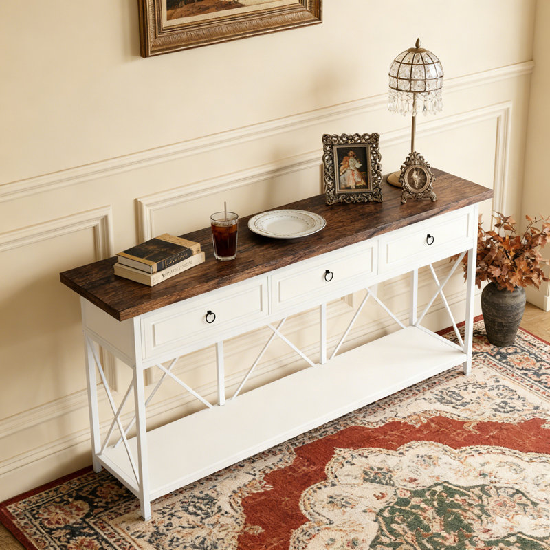 3-Drawer Console Table Sofa Foyer Table with Storage Shelf, White & Brown