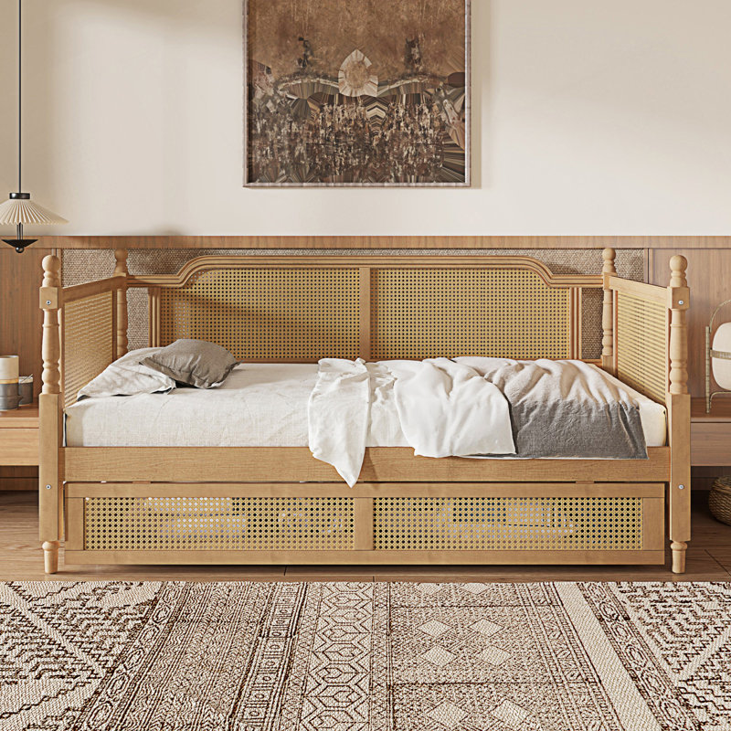 Lit de jour simple en rotin de style traditionnel avec 2 tiroirs