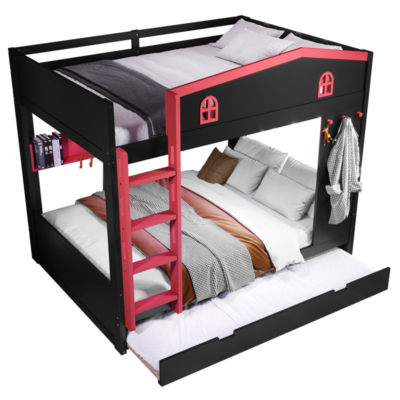 Lit superposé rustique en bois massif, Queen over Queen, With Trundle, Black&Red
