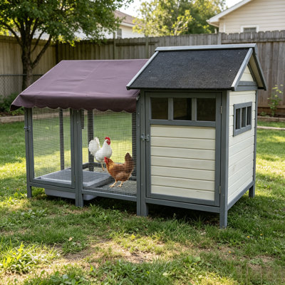 Grande cage d'extérieur en bois massif pour poulailler en fil de fer avec couvercle en toile détachable et toit en asphalte incliné à double accès pour poules et lapins, finition gris foncé et beige