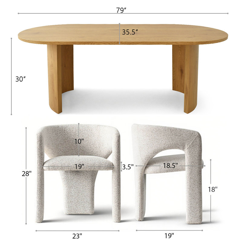 7-Piece Modern Dining Set With 79" Oval Pedestal Table & 6 Sculptural Upholstered Arm Chairs, Oak