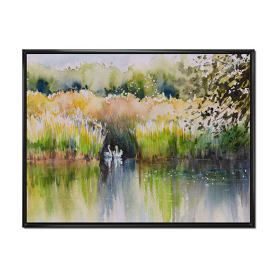 Deux cygnes dans l'étang - peinture sur toile