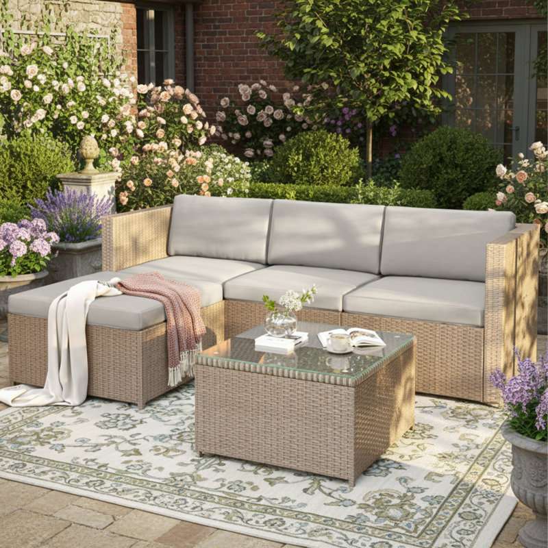 Emilynn Rattan 3 - Person Seating Group with Cushions, Khaki