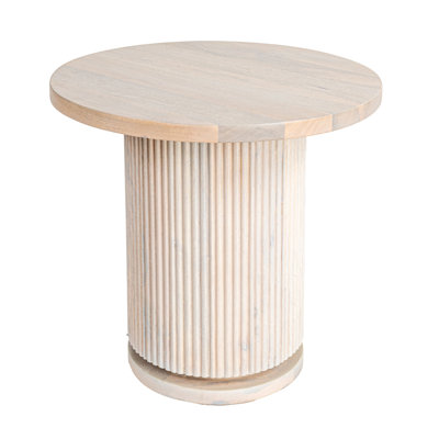 Octavia Round Mango Wood Pedestal Side Table with Ribbed Base, Natural Bleached