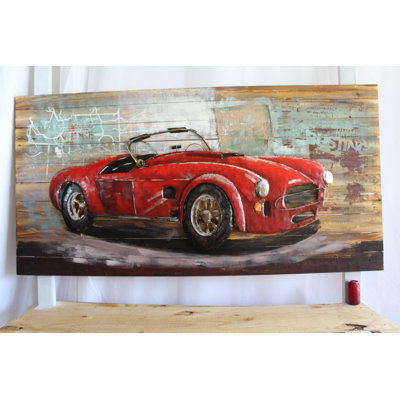 Classic Roadster Inspired Red Car 3D Metal Art on Wood 79" x 2" x 40"H