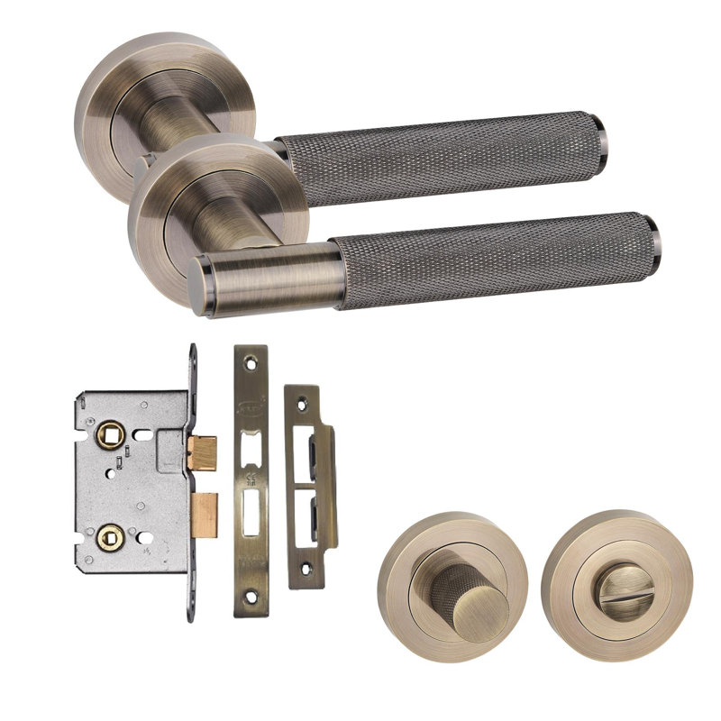  Straight T-Bar Knurled Bathroom Door Handle Set in Antique Brass with Thumbturn and Mortise Lock