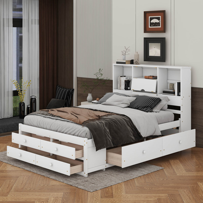 Billington Platform Bed with Storage Headboard and 8 Drawers, Queen, White
