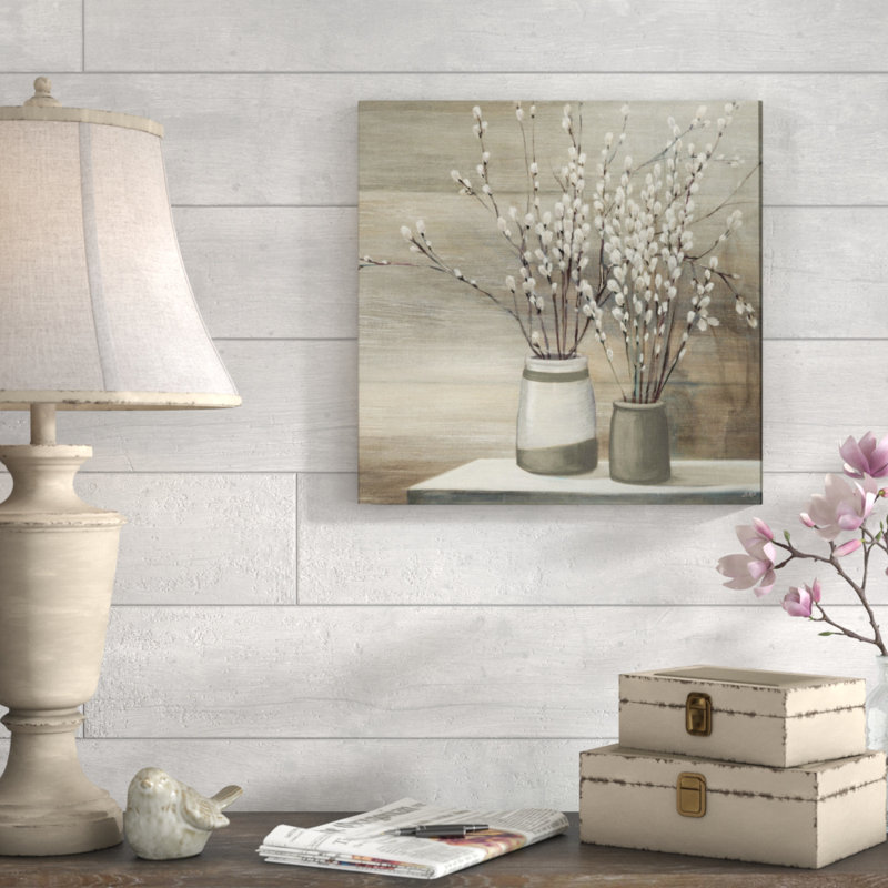 «Pussy Willow Still Life Grey Pots» par Julia Purinton, art mural sur toile, H 18 po x l 18 po