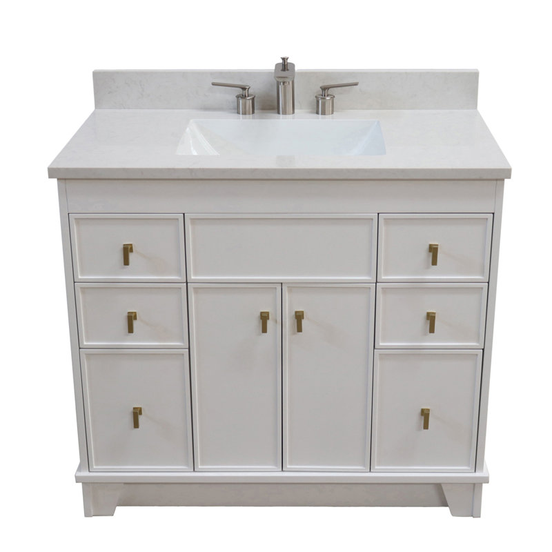 Astred 39'' Single Bathroom Vanity with Engineered Stone Top, White, Brushed Gold