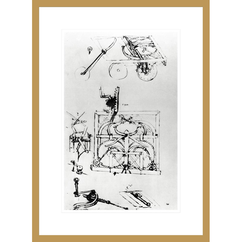 Perspectives et dessins en plan d'un wagon automobile déplacé par un système de ressorts et équipé d'une transmission différentiel Fol. 296 (verso) -a du Codex Atlanticus par Leonardo Da Vinci -Giclée sur toile