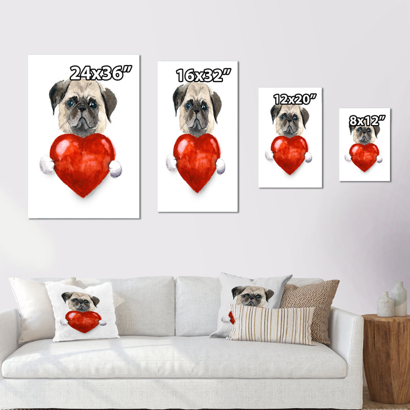 Petit chien tenant un cœur de Saint-Valentin - décoration murale pour enfants, art sur toile, H 12 po x l 8 po x P 1 po