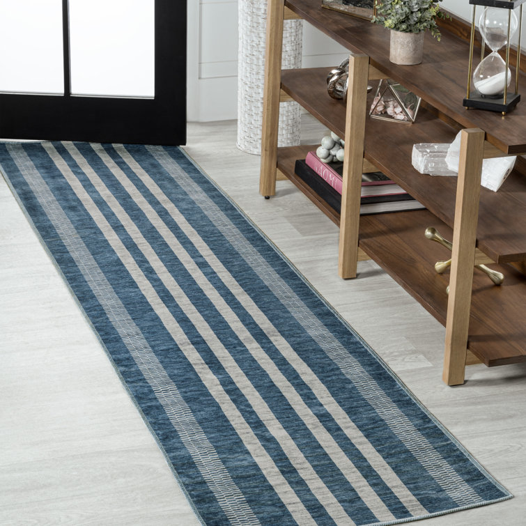 Ventress Geometric Striped Machine-Washable Blue/Cream Rug
