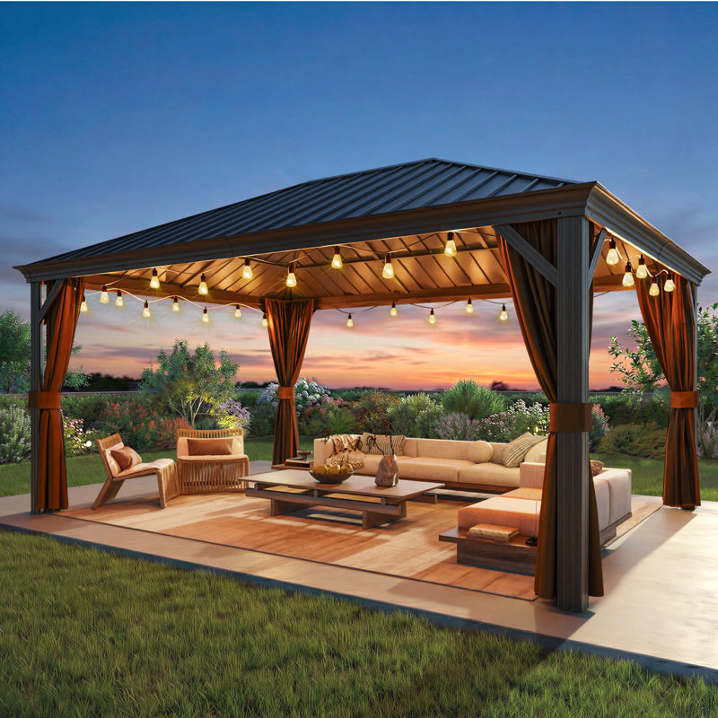 16 pi L 12 pi. D Pavillon de jardin en aluminium avec toit simple, rideaux et moustiquaire, Bronze Antique