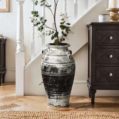 18.3" H Black and White Distressed Earthenware Floor Vase