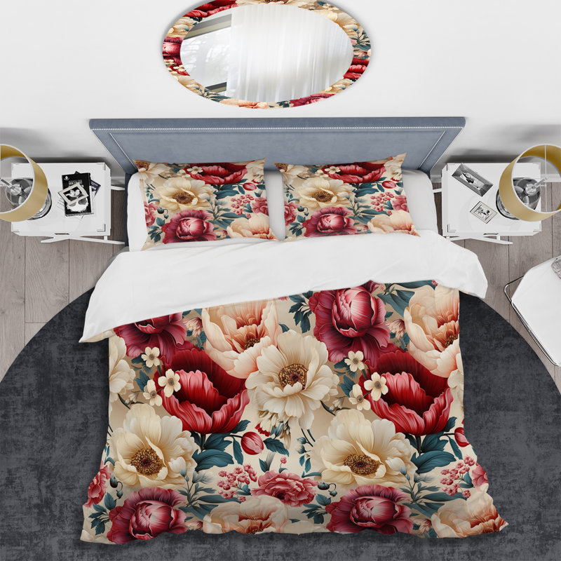 Ensemble de housse de couette à motif floral ivoire et rouge boho Mauri, Housse de couette simple + 1 taie décorative stan