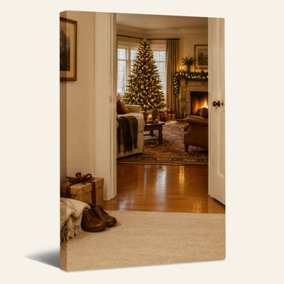 " Tree and Stone Fireplace in Cozy Living Room Christmas " Painting