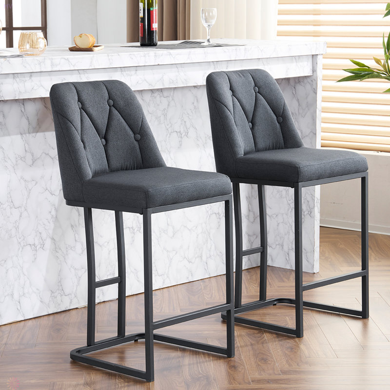 Set Of 2,Modern Upholstered Bar Stool With Button-Tufted Backrest, Counter Height Chair With Sturdy Metal Frame, Comfortable Padded Seat For Kitchen, Bar, Or Dining Room