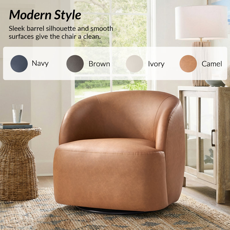 Croix 30.75"W Modern Leather Swivel Barrel Chair with Fully Assembled, Camel