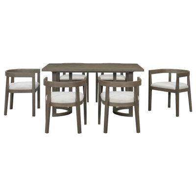 7-Piece Dining Table Set for 6, Rectangular Kitchen Table with 6 Upholstered Barrel-Back Chairs, Wood Grain Dining Set for Dining Room
