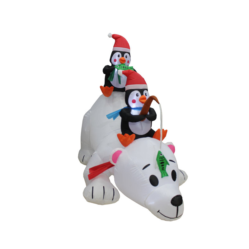 6 Foot Long Lighted Christmas Inflatable Penguins Fishing on Polar Bear Indoor / Outdoor Holiday Blow Up Yard Garden Decoration