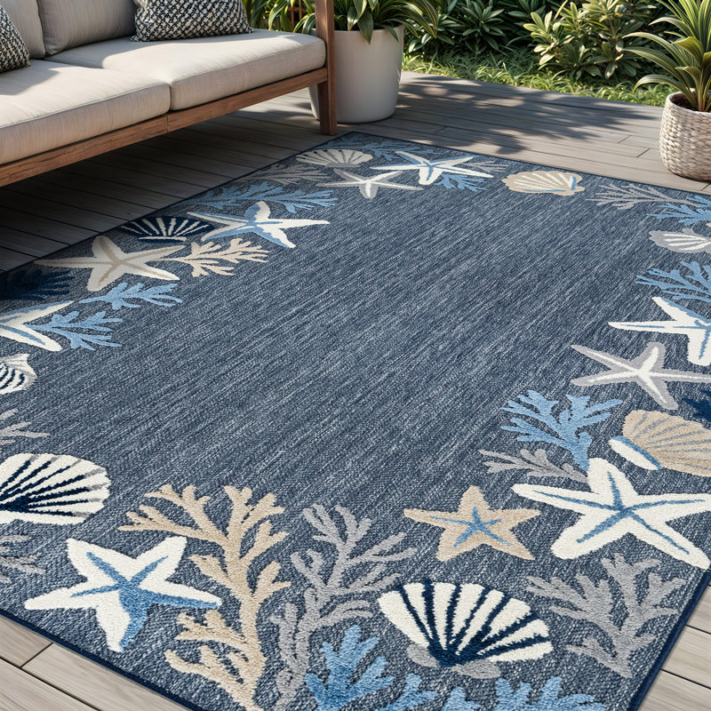 Coastal Border Navy/Ivory Indoor/Outdoor High-Low Area Rug, Navy, Rectangle 5' x 7'