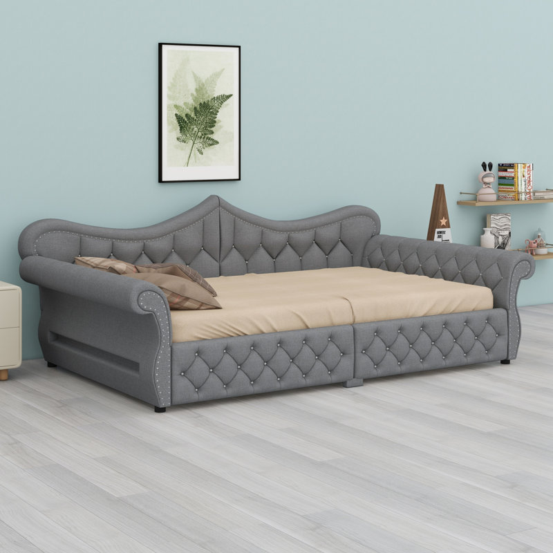 Upholstered Daybed with Built-in LED Lights and Stylish Nail Head Decoration, Gray