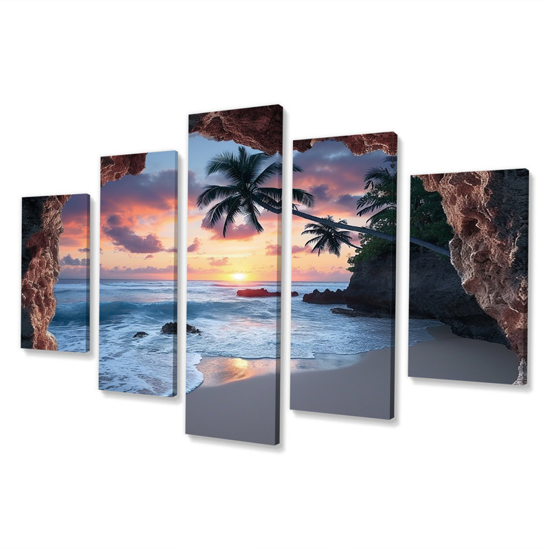 5 pièces d'art mural pour le salon «Sunset View Waves Breaking Tropical Paradise - Sunset»