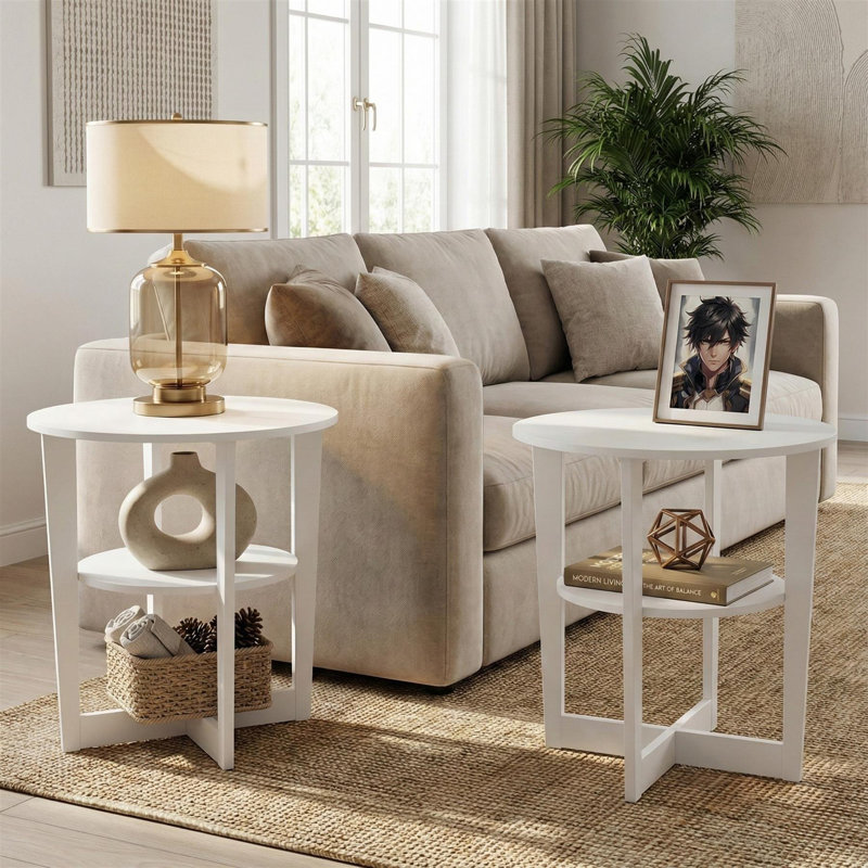 Table de bout ovale blanche, ensemble de 2 tables d'appoint contemporaines, Blanc