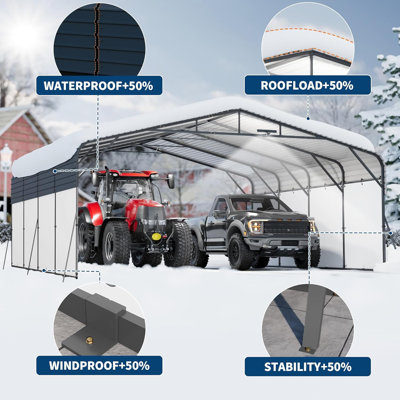 20x20 FT Metal Carport with LED Light, Removable PE Sidewalls, Reinforced Base, and Galvanized Steel Roof – Outdoor Portable Car Garage and Canopy Shelter for Boats, SUVs, and Full-Sized Pickup Trucks