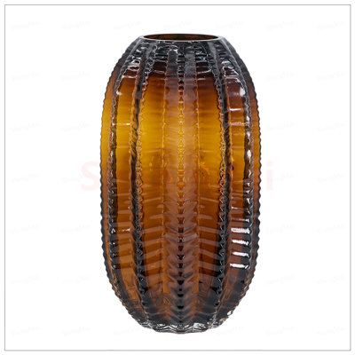 D6x11inch Textured Cylindrical Glass Vase with Amber Finish, Perfect for Modern Home Decor and Flower Arrangements.