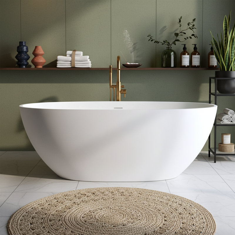 Baignoire de trempage autoportante ovale en résine de 59 po de profondeur - 21 po de profondeur, blanc mat, bonde escamotable incluse