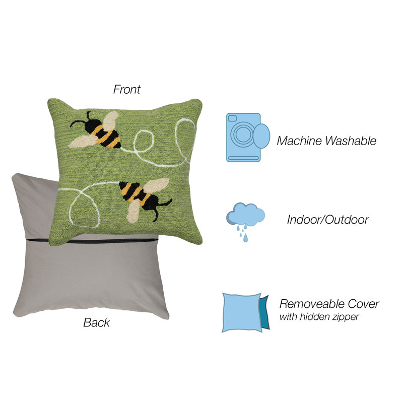 Green Hand Hooked Square Indoor/Outdoor Pillow with Bees