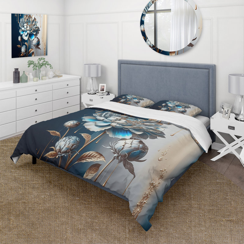 Ensemble de housse de couette à motif floral Zinnia Ice Blue Zinnia - Microfibre polyester