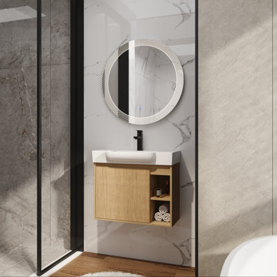 Meuble-lavabo suspendu avec lavabo en céramique blanche et porte à fermeture en douceur