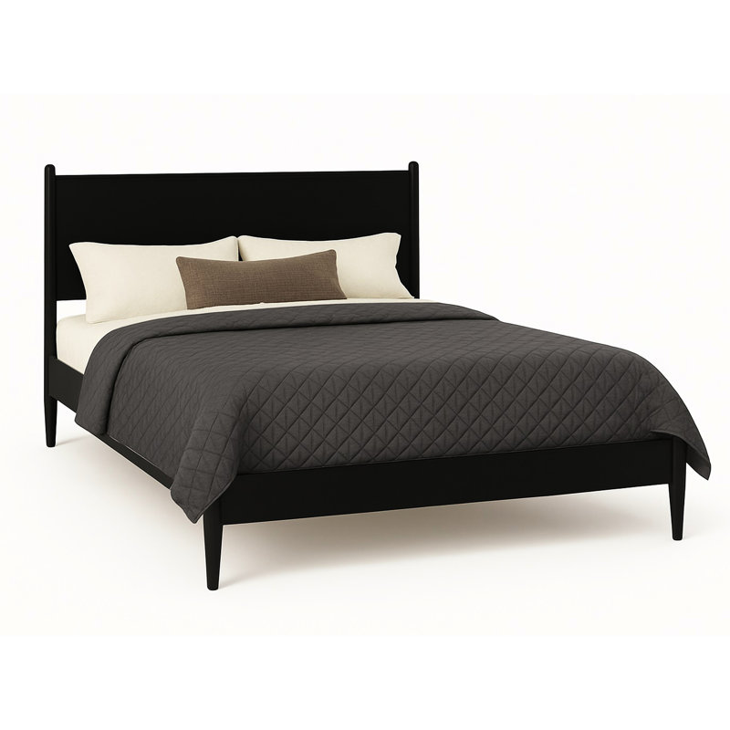 Lit plateforme Eastern Mid-Century noir moderne, sans sommier, pieds ronds effilés, ensemble de lattes pour le style de la chambre à coucher avec ensemble, Spring Refresh