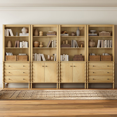 Greeta 4 set of 3-Tier Open Bookshelf with Drawers and Adjustable Storage for Office and Living Room, Oak